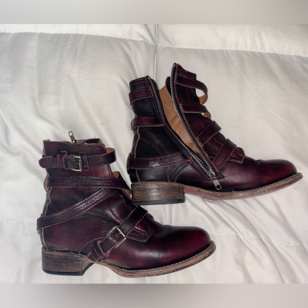Freebird by Steven Wine Leather Buckle Strap Ankle Boots - Picture 3 of 13